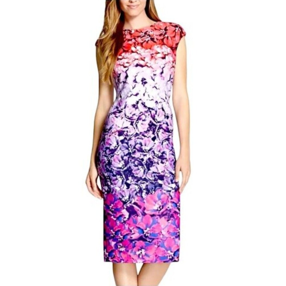 VINCE CAMUTO Ombre Floral Sleeveless Sheath Dress Pink Purple Midi Sz 8